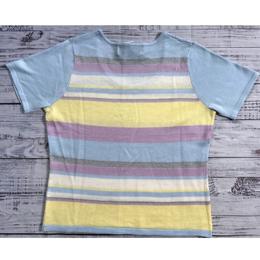 Sag Harbor Knit Top Women Pastel Striped Pointelle Metallic Short Sleeve Size M - Picture 4 of 6